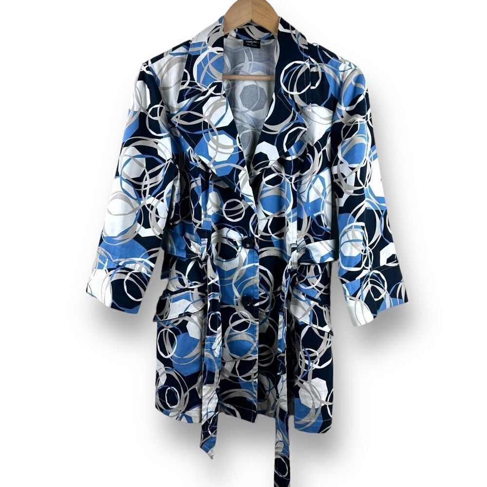 Tribal Womens‎ Button Up Coat Jacket Tunic Belted Geometric Stretch Blue Size 8